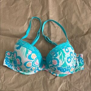 Floral Lace Trim Bra - Turquoise